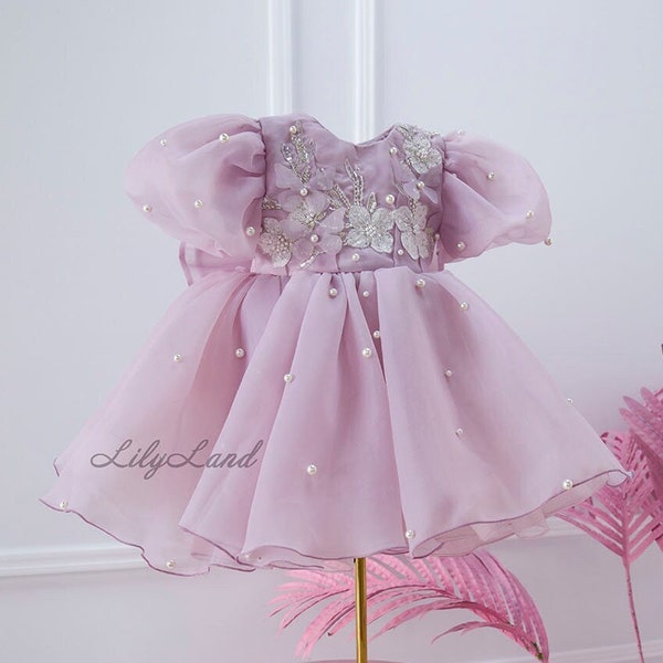 Robe de fille de fleur de perles de lavande, robe de bébé de premier anniversaire, robe de bal de princesse Tutu pour tout-petits, robe d’invité de mariage de concours d’occasion spéciale