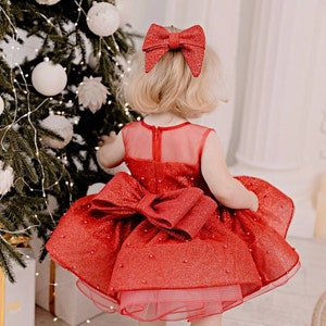 Red Birthday Girl Dress, Christmas Baby Gown, Sparkly Dress, Pearls Kids Outfit, Tutu Toddler Dress, Formal Event Puffy Dress