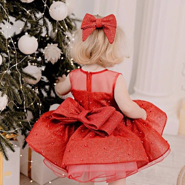 Red Birthday Girl Dress, Christmas Baby Gown, Sparkly Dress, Pearls Kids Outfit, Tutu Toddler Dress, Formal Event Puffy Dress