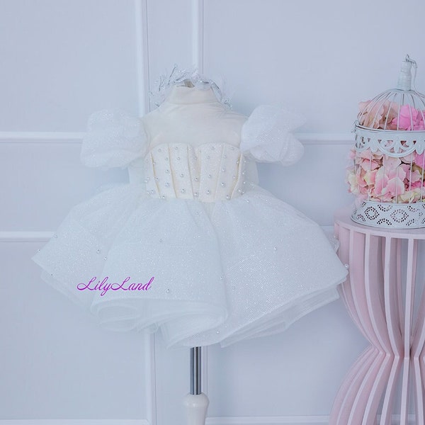 White Tutu Puffy Birthday Baby Dress, Flower Girl Dress, Sparkling Prom Pageant Gown, Special Occasion Toddler Wedding Guest Dress for Dance