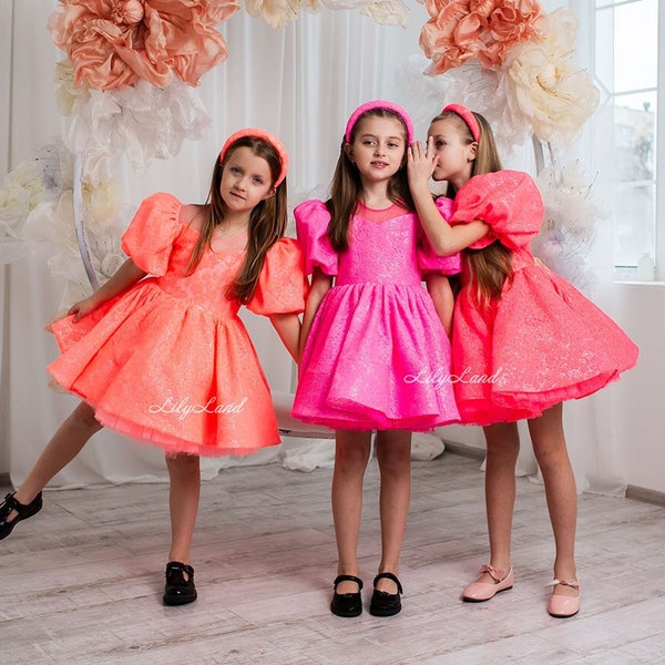 Bright Orange/Pink/Coral Sequined Puffy Festive Birthday Dress, Pageant Tutu Special Occasion Prom Baby Gown, Princess Dance Party Dress