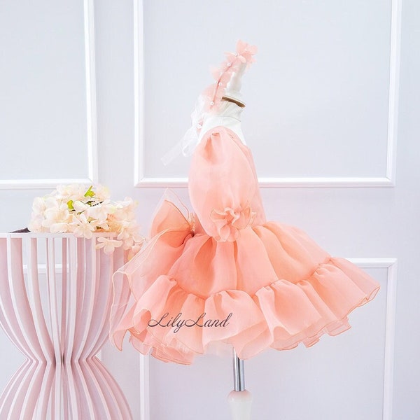 Peach Tutu Puffy Flower Girl Dress, First Baby Birthday Party Dress, Princess Girl Gown, Pageant Toddler Special Occasion Dress