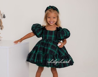 Green Plaid Christmas Baby Girl Dress, Short Puffy Sleeve, Tutu Flannel  Prom Gown, Winter Holiday Birthday Dress, Xmas Photoshoot Wear