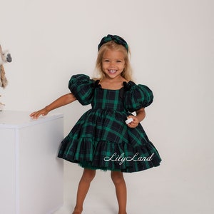 Vestido navideño de cuadros verdes para niña, manga corta abullonada, vestido de fiesta de franela con tutú, vestido de cumpleaños para vacaciones de invierno, ropa para sesión de fotos navideñas