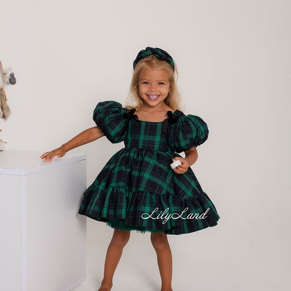 Grün kariertes Weihnachts-Baby-Mädchenkleid, kurze Puffärmel, Tutu-Flanell-Abschlussballkleid, Winterurlaub-Geburtstagskleid, Weihnachts-Fotoshooting-Kleidung