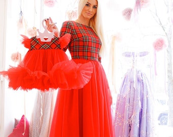 Mother daughter matching dress for Christmas, red plaid and tulle dresses for women and baby girl, family photo dresses, red check pattern