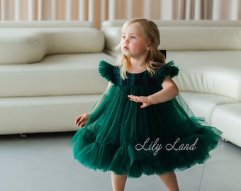 Emerald Green Christmas Dresst, Fluffy Xmas Photoshoot Girl Wear, Red check pattern, Tutu Knee Length, Winter Birthday Baby Dress