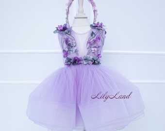 Lavender Floral Flower Girl Dress, Tutu Birthday Party Dress, Tulle Dress 3D Flowers Lace, Pageant Princess Prom Gown, Junior Bridesmaid
