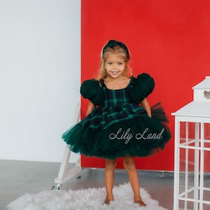 Green Plaid Christmas Baby Girl Dress, Short Puffy Sleeve, Tutu Toddler Dress, Holiday Xmas Photoshoot Costume, Winter Birthday