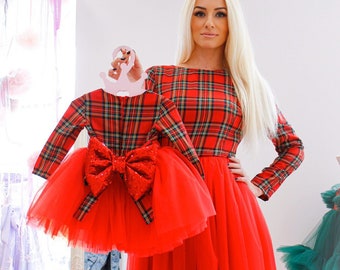 Mother daughter matching dresses for Christmas party, photo shoot, mommy and me Xmas outfit, red plaid holiday dress, plus size plaid dress