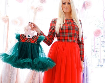 Red and dark green plaid Christmas dresses set, mommy and baby tulle dress for Christmas cards, holiday dresses, mother daughter matching