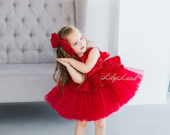 Red Sparkling Tutu Birthday Baby Dress, Winter Holiday Special Occasion Prom Gown Wedding Guest Pageant Photoshoot Wear