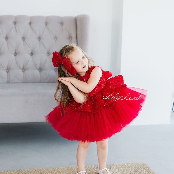Red Sparkling Tutu Birthday Baby Dress, Winter Holiday Special Occasion Prom Gown Wedding Guest Pageant Photoshoot Wear