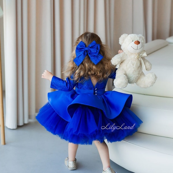 Electric Blue Long Sleeve Glitter Dress, First Birthday Baby Party Outfit, Christmas Photoshoot Girl Dress, Winter Holiday Pageant Wear