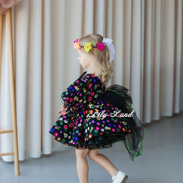 Black Tutu Floral Puffy Birthday Baby Dress with Bright Multicolored Flowers, Wedding Guest Flower Girl Dress, Dance Pageant Prom Ball Gown