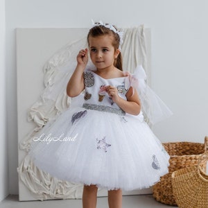 White & Silver Tutu Birthday Party Dress, Tulle Puffy Baby Doll Photoshoot Outfit, Flower Girl Prom Pageant Gown, Special Occasion Look