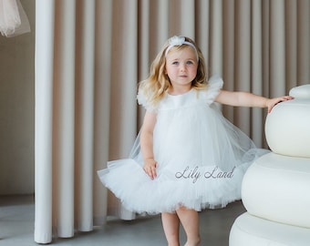 Ivory Flower Girl Dress, Tutu 1st Birthday Photoshoot Dress, Special Occasion Baby Girls Princess Dress Tulle Wedding Guest Prom Gown