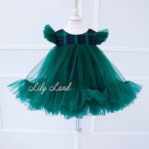 Smaragdgrünes Tüll-Weihnachtskleid, flauschiges Weihnachts-Fotoshooting-Mädchenkleid, grünes Karomuster, Tutu-Knielänge, Winter-Geburtstags-Babykleid