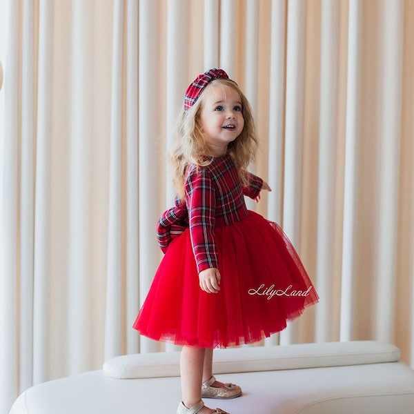 Red Christmas Girl Dress with Tulle Skirt, Photoshoot Prom Gown, Xmas Tutu Dress, Plaid Puffy Sleeve Special Ocassion Wear