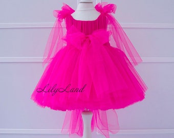 Hot Pink Puffy Flower Girl Dress, First Birthday Baby Dress, Puffy Pageant Special Ocassion Dress, Prom Gown, Mini Junior Bridesmaid Wear