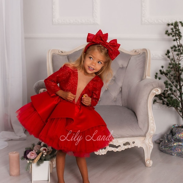 Red Long Sleeve Glitter Dress, First Birthday Baby Sparkling Party Outfit, Christmas Photoshoot Girl Dress, Winter Holiday Pageant Xmas Wear