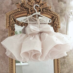 Birthday Tutu Baby Girl Outfit, Infant Party Dress with Pearls, Short Puffy Flower Girl Toddler Dress, Special Occasion Princess Dress