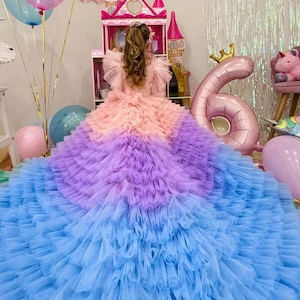 Einhorn-Regenbogen-Mädchenkleid, bauschiger Baby-Rüschenrock aus mehrlagigem Tüll, Geburtstagsparty-Abschlussball-Festzug-Ballkleid, Brautjungfern-Blumenmädchenkleid