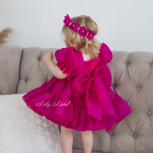 Vestido de niña de flores hinchadas de tutú fucsia y tul, primer vestido de fiesta de cumpleaños de bebé, vestido de niña princesa, vestido de ocasión especial para niños pequeños de desfile