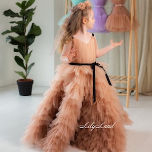 brown tulle dress girls Kids BrownDress Girls Ruffle Toddler Tulle Dress Fancy Girls Dresses Princess Dress Up for Girls 8-9 Years