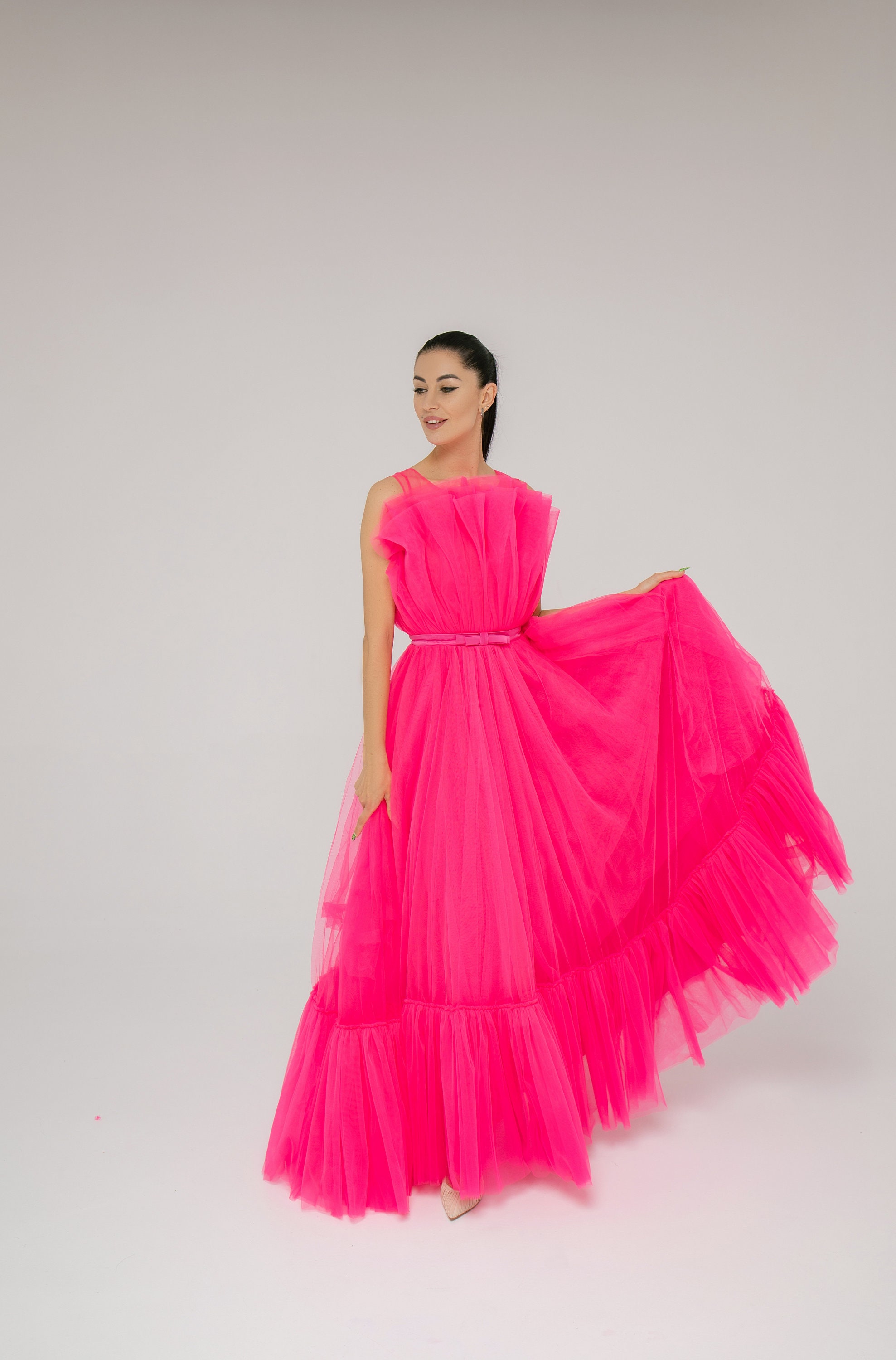 Maxi Dress For Woman, Wedding Dress, Junior Bridesmaid Dress, Hot Pink Tulle Dress, Photoshoot Dress, Bachelorette Party, Evening Dress