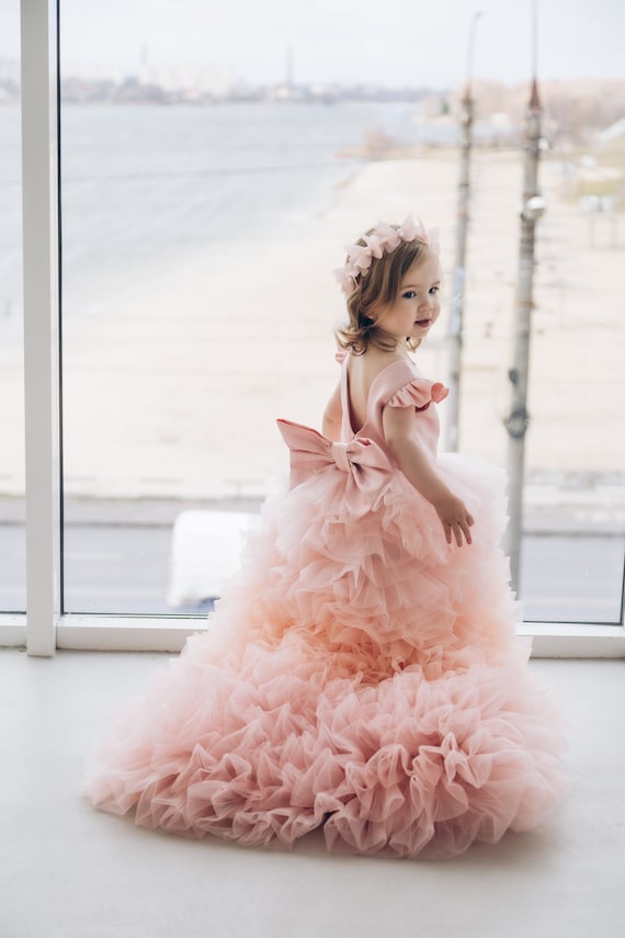 Flower Girl Dress With Train Princess Ball Gown Kids Wedding Dress