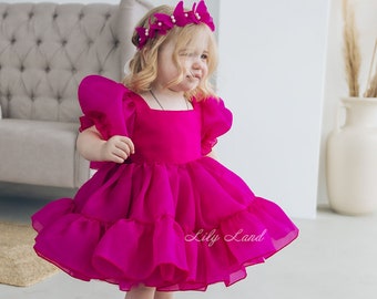 READY TO SHIP-size 12-18- Fuchsia Tutu Puffy Flower Girl Dress, First Baby Birthday Dress, Princess Prom Gown, Pageant Special Occasion