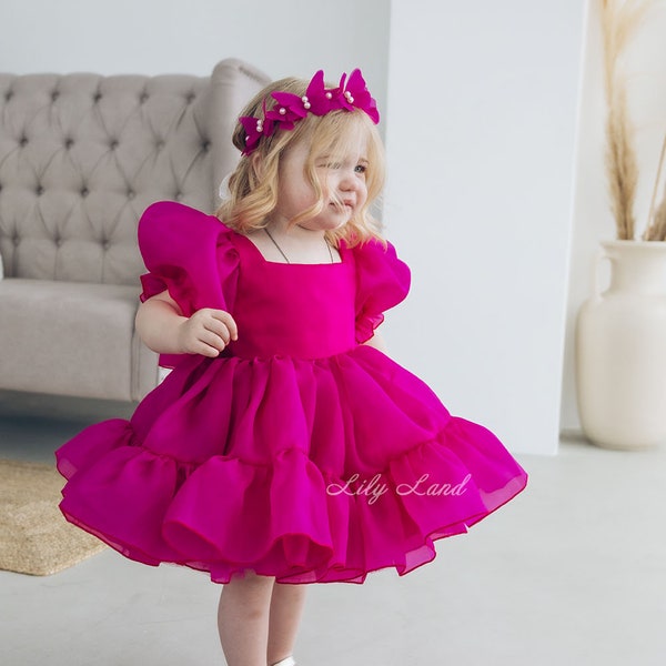 READY TO SHIP-size 12-18- Fuchsia Tutu Puffy Flower Girl Dress, First Baby Birthday Dress, Princess Prom Gown, Pageant Special Occasion