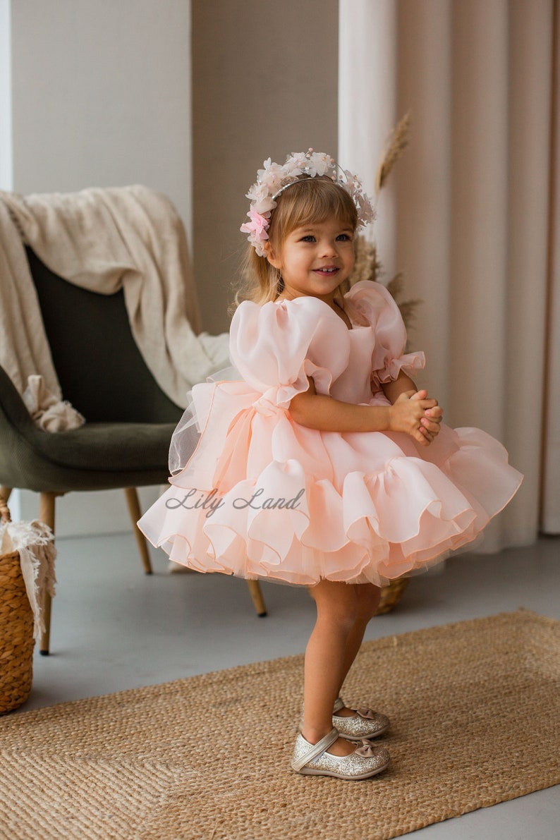 May include: A young girl wearing a light pink tulle dress with a flower crown. The dress has a ruffled skirt and puffed sleeves. The girl is standing on a light brown rug.
