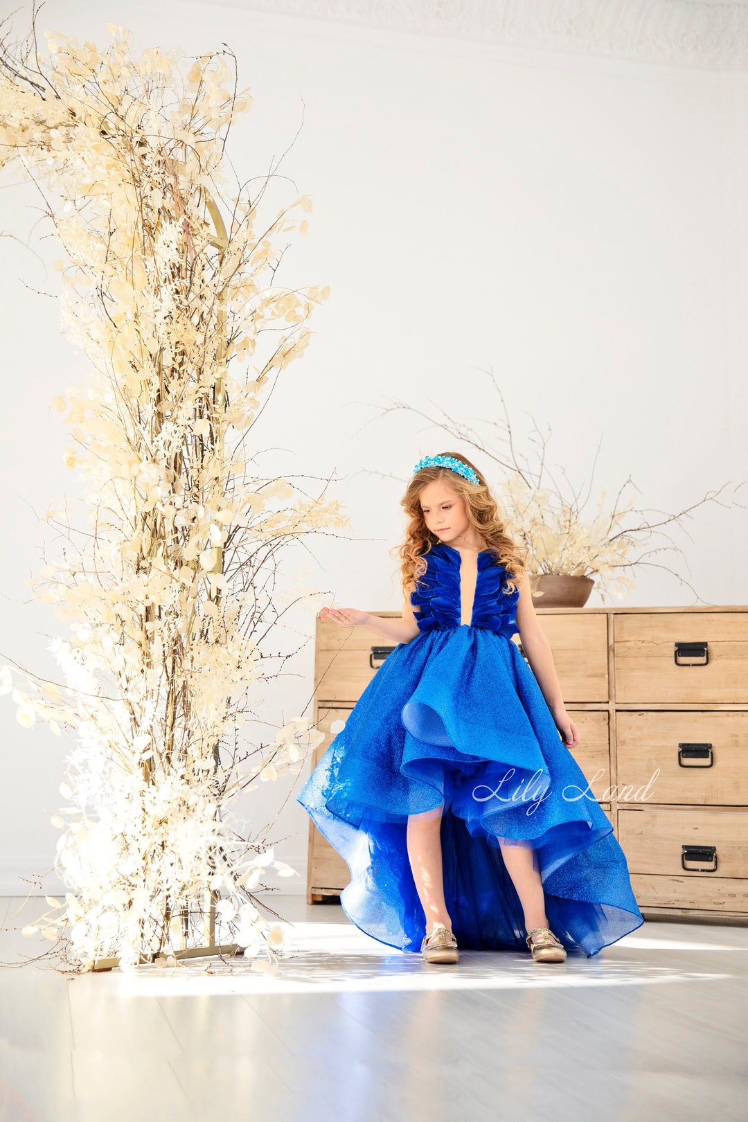 Blue Flower Girl Dress, Glitter Dress for Baby Girl, Birthday Girl