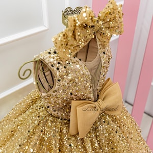 Gold Sparkling Tutu Birthday Baby Dress, Flower Girl, Special Occasion Prom Gown, Wedding Guest Pageant Smash Cake Outfit, V-neck Bow Dress