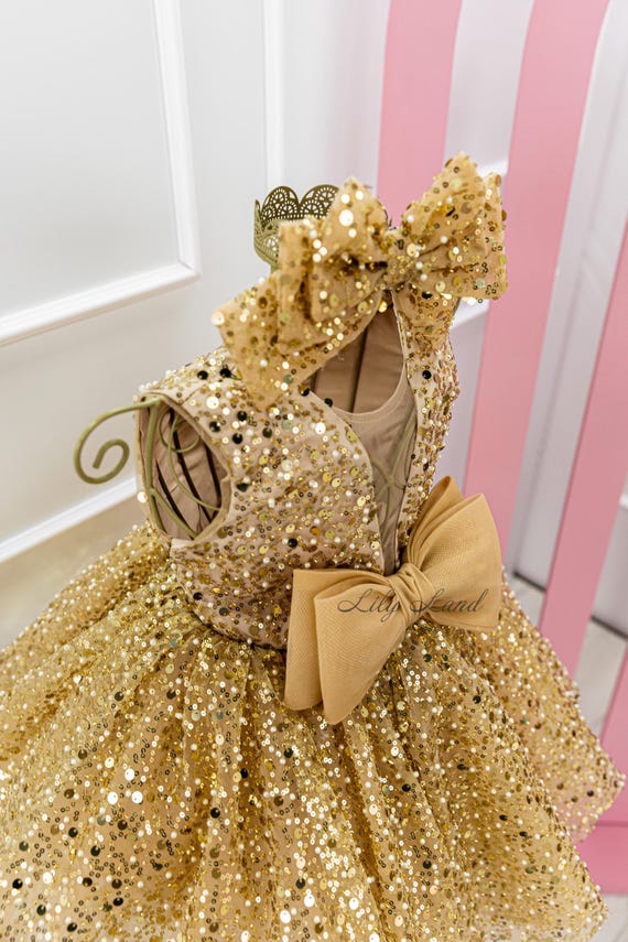 Gold Sparkling Tutu Birthday Baby Dress, Flower Girl, Special Occasion Prom  Gown, Wedding Guest Pageant Smash Cake Outfit, V-neck Bow Dress - Etsy