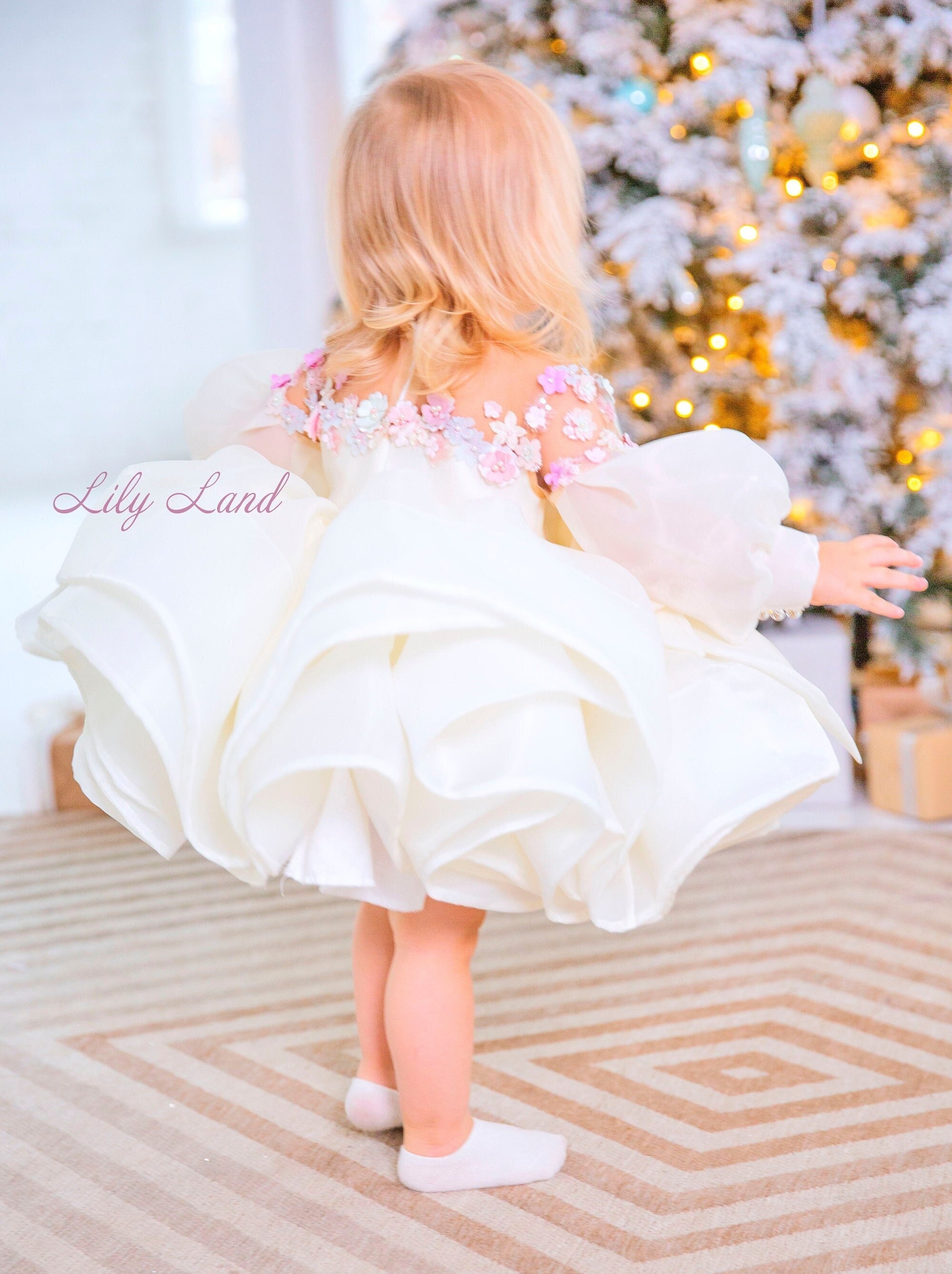 LilylandUAStore White Puffy Girls Dress, Baby Birthday Party Dress, Flower Girl Dress, White Baby Dress with Long Sleeve, 1st Birthday Dress, Princess Dress