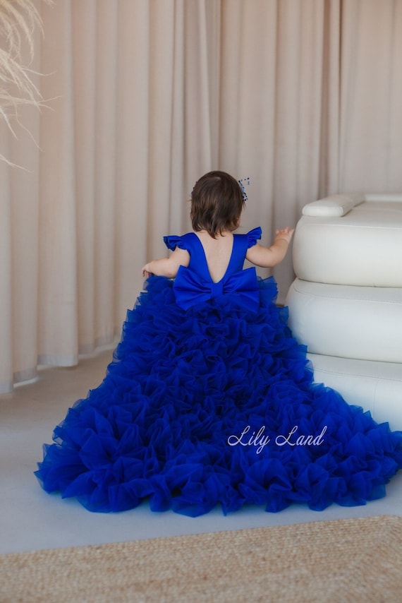 READY TO SHIP - Size 9-12 - Electric Royal Blue Flower Girl Dress, Birthday  Baby Princess Prom Ball Pageant Gown, Puffy Dress With Train - Etsy