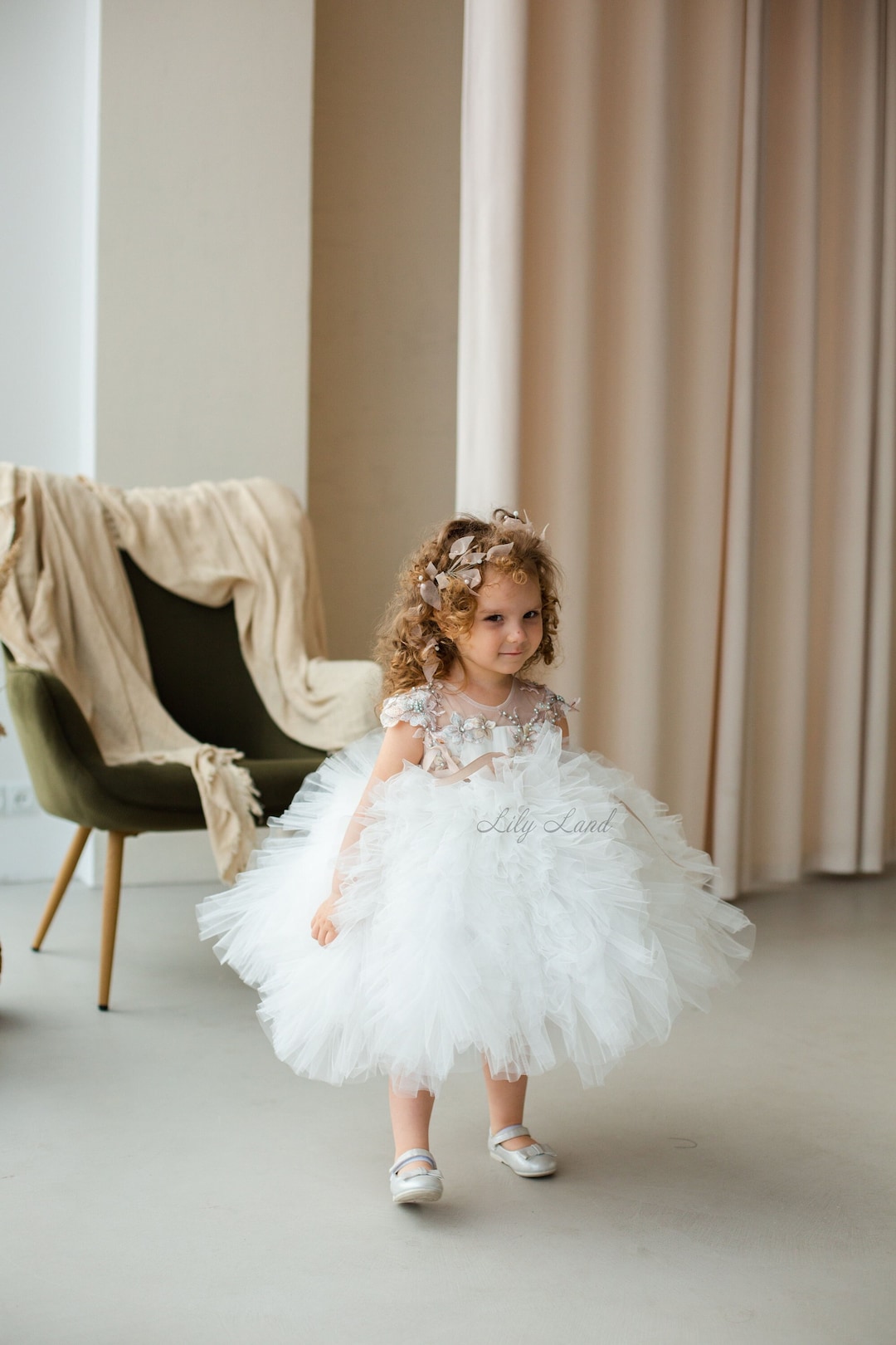 PLWEDDING Vestito da ragazza di fiori, per compleanno, tutù, pageant, in tulle, da principessa, per feste, matrimoni, bambini, bianco, 2-3 Anni