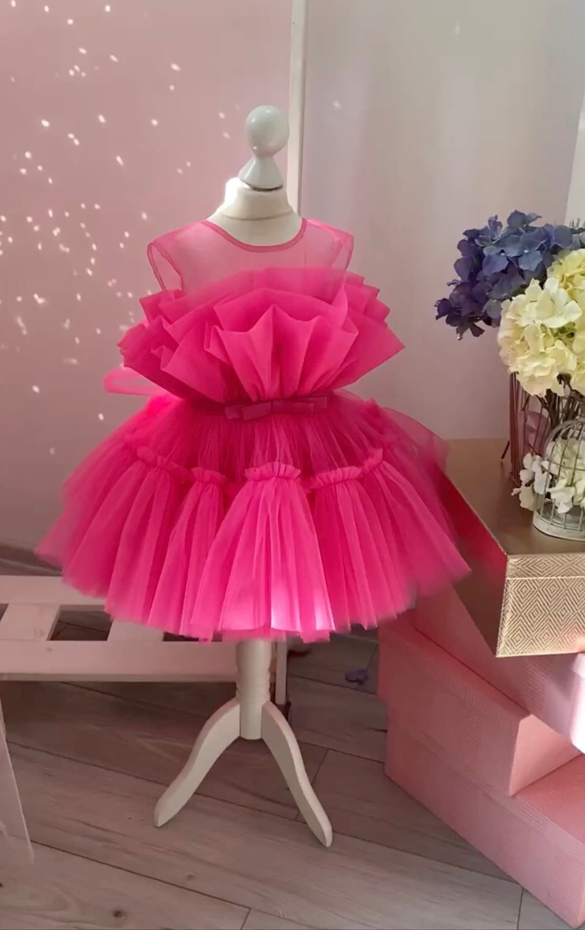 Hot Pink Birthday Baby Girl Dress, Short Puffy Princess Dress, Tutu Tulle Ruffled Dress, Special Occasion Toddler Dress Hot Pink Birthday Baby Girl Dress, Short Puffy Princess Dress, Tutu Tulle Ruffled Dress, Special Occasion Toddler Dress