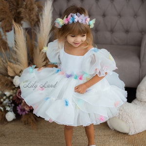 Butterfly White Tutu & Tulle Puffy Flower Girl Dress, First Baby Birthday Party, Princess Girl Gown, Pageant Toddler Special Occasion Dress