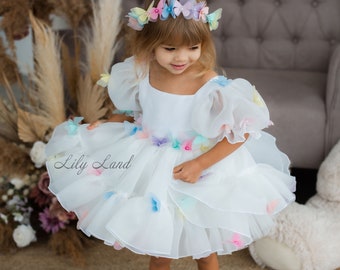 Butterfly White Tutu & Tulle Puffy Flower Girl Dress, First Baby Birthday Party, Princess Girl Gown, Pageant Toddler Special Occasion Dress