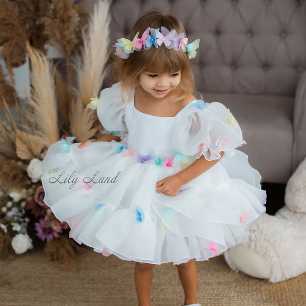 Butterfly White Tutu & Tulle Puffy Flower Girl Dress, First Baby Birthday Party, Princess Girl Gown, Pageant Toddler Special Occasion Dress