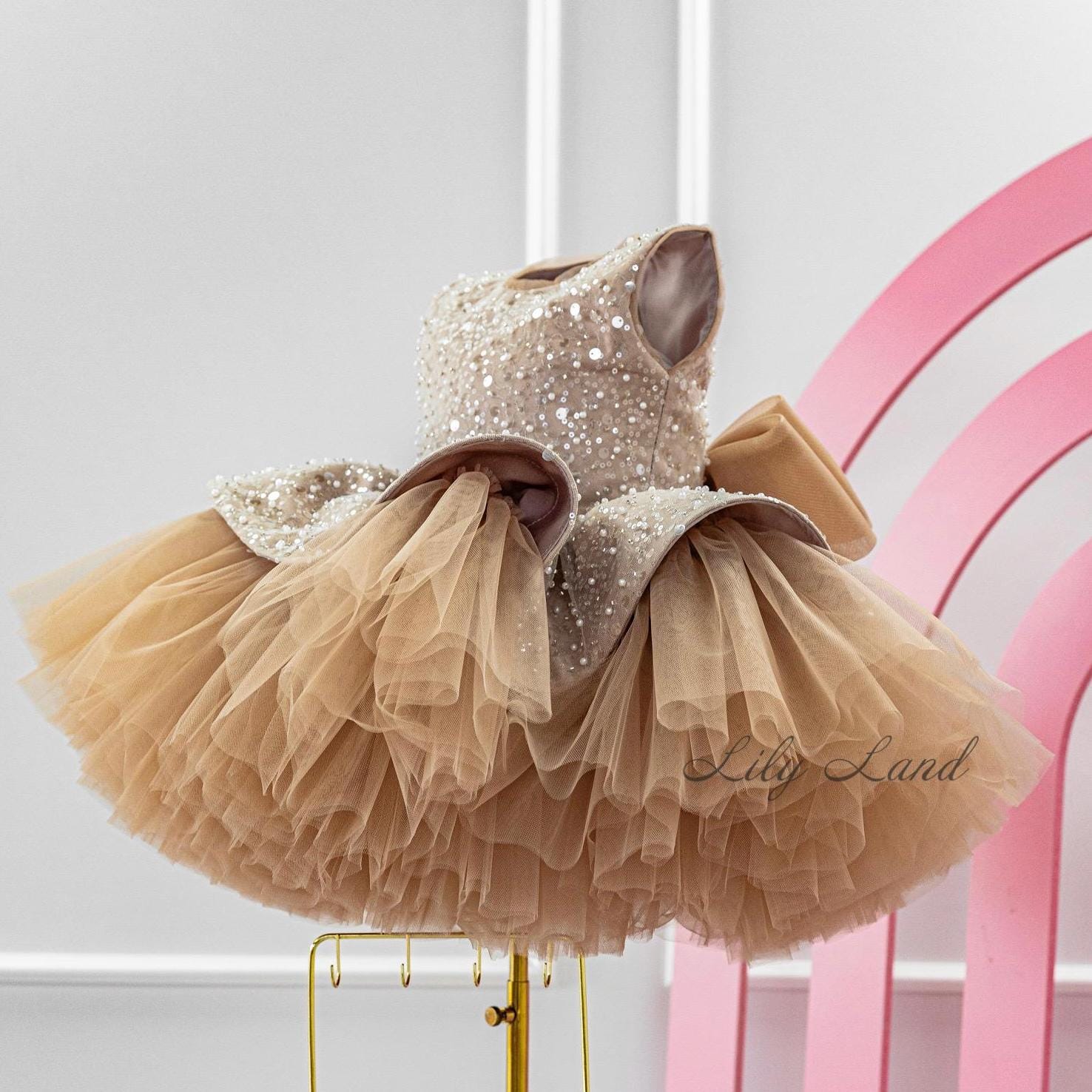 Ready to Ship - Cappuccino Sparkling Birthday Baby Dress, Flower