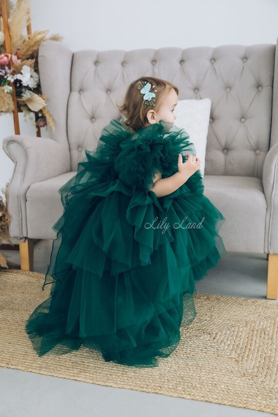 Emerald Green Flower Girl Dress, Birthday Girl Boho Ruffy Dress With Feathers, Sparkling Lace Gown Pageant Special Occasion Princess Dress