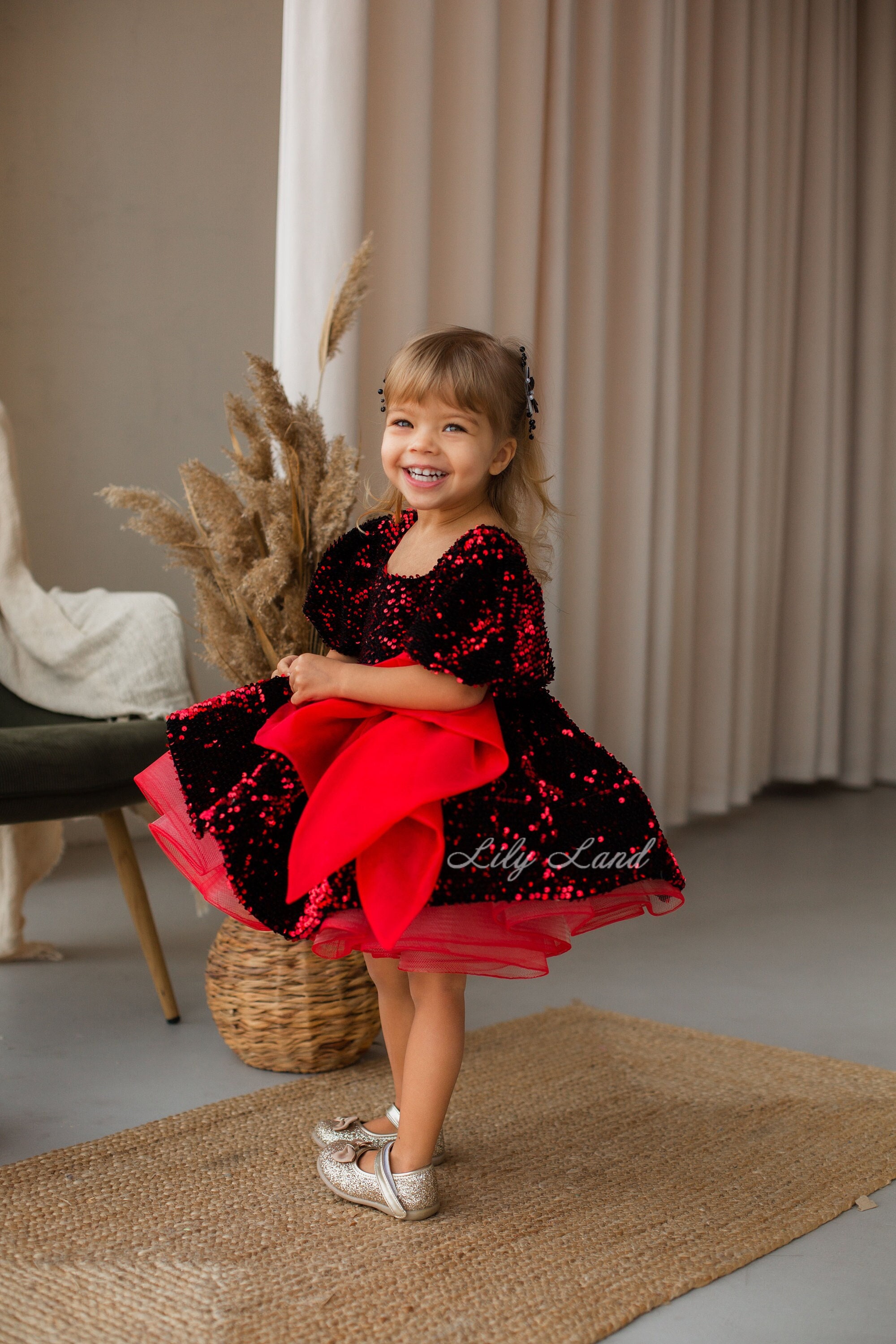 Sparkling Red & Black Toddler Birthday Baby Girl Party Dress With