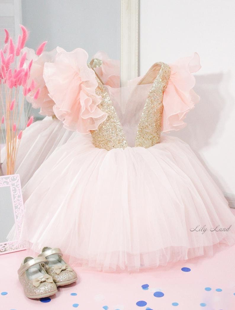 Gold Sparkling Baby Girl Dress Pink Flower Girl Dress Baby Etsy