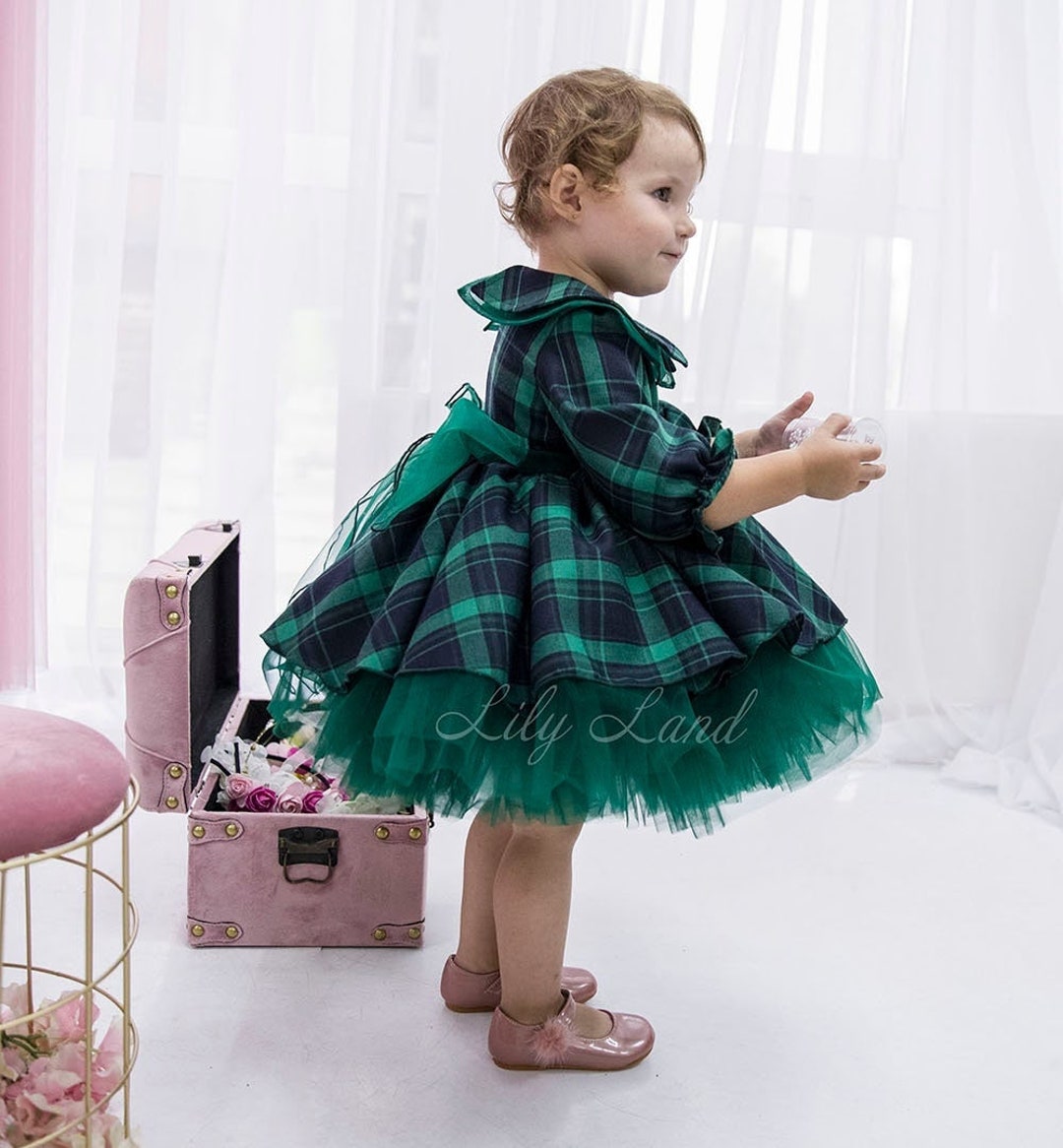 Green Christmas Toddler Dress, Plaid Christmas Girl Gown, Long Sleeve