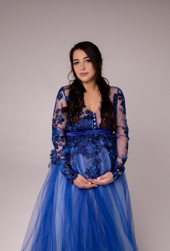 Royal Blue Maternity Dress for photoshoot, Robe for baby shower, Maxi Transparent Wedding With Train, Ruffles Tulle Dress for Pregnancy Gown